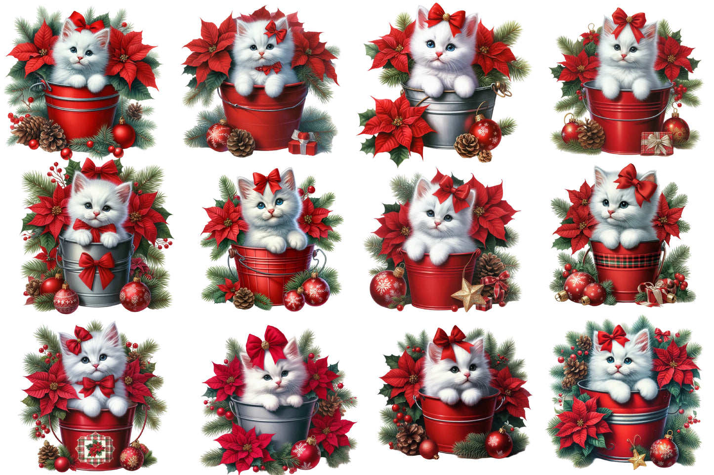 Watercolor Christmas Cat in Bucket PNG Bundle | Cute Christmas Cat Clipart | Poinsettia & Holiday Cat Sublimation
