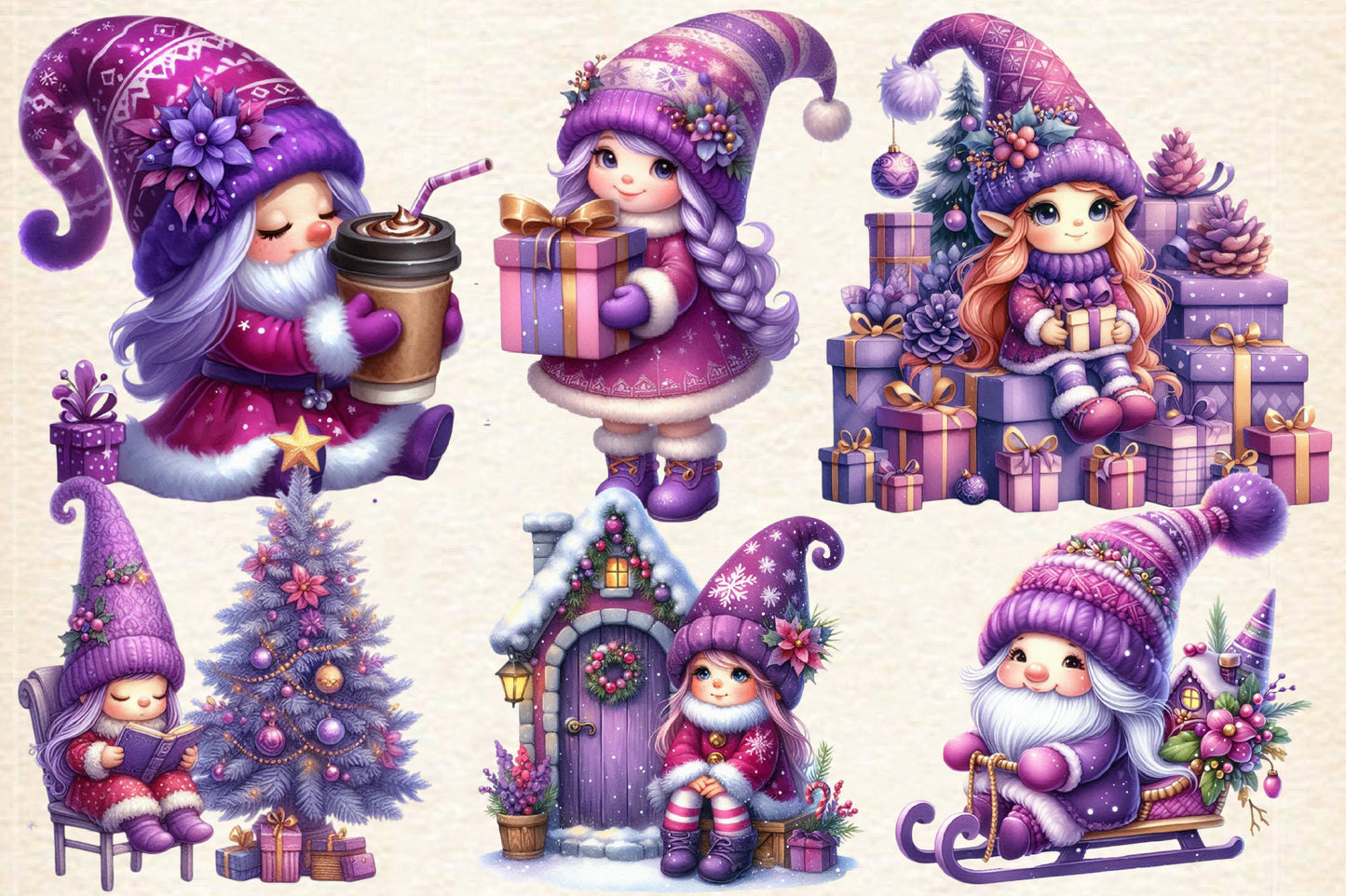 Christmas Gnome Girls PNG Bundle | Watercolor Christmas Gnome Girl, Cute Winter Gnome & Holiday Girl Clipart