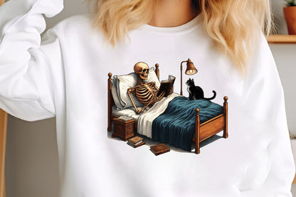Halloween Skeleton Reading PNG Funny Skeleton with Black Cat Clipart