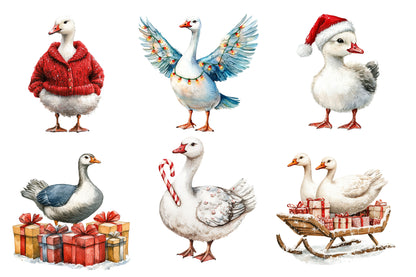 Christmas Silly Goose PNG Clipart Bundle | Cute Funny Christmas Goose Clipart | Watercolor Holiday Goose Sublimation PNG
