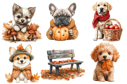 Watercolor Autumn Dog Clipart PNG Bundle | Cute Fall Dogs, Pumpkin, Scarf, Leaves & Cozy Puppy Sublimation