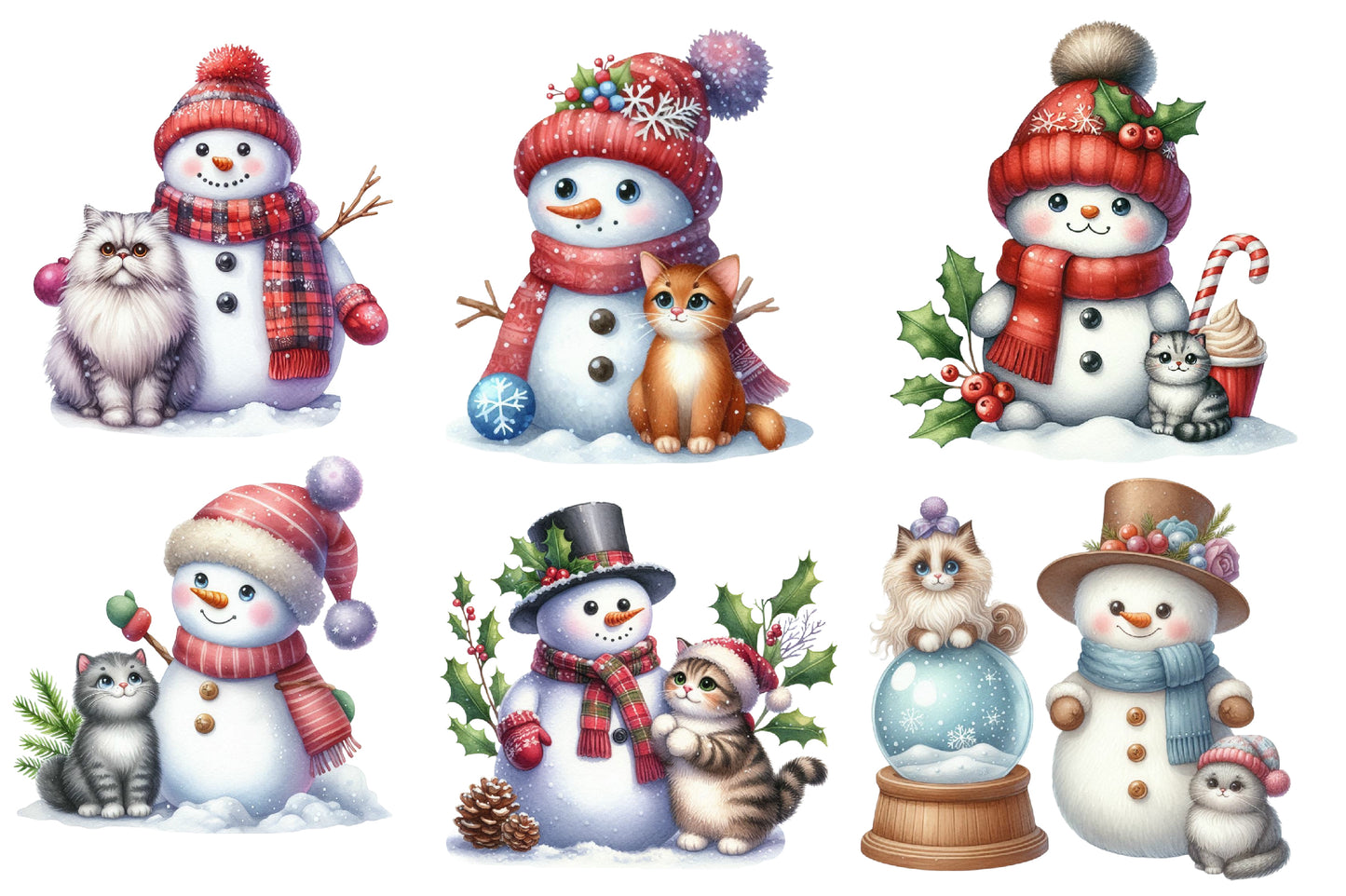 Christmas Snowman with Cats Sublimation PNG Bundle | Cute Watercolor Snowman & Cat Christmas Clipart | Winter Holiday PNG