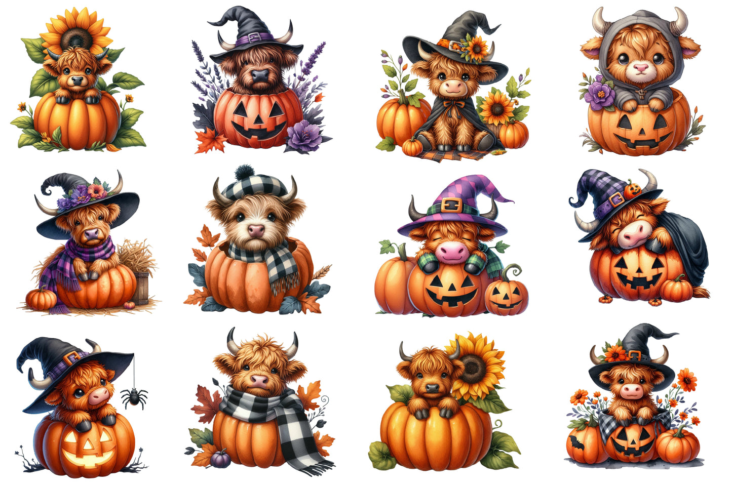 Halloween Highland Cow Clipart PNG | Cute Highland Cow Pumpkin PNG, Fall Cow Clipart,