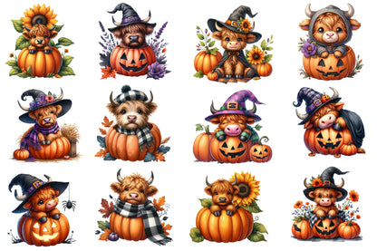 Halloween Highland Cow Clipart PNG | Cute Highland Cow Pumpkin PNG, Fall Cow Clipart,