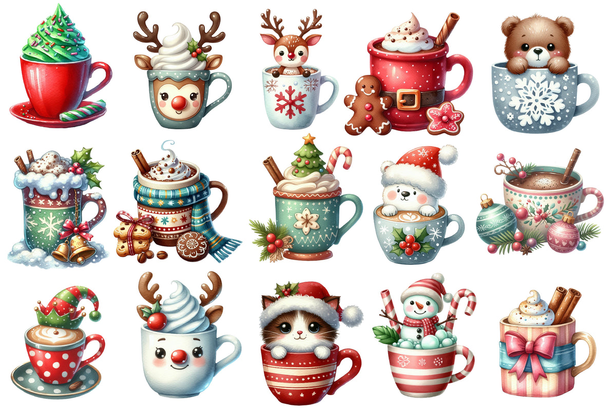 Christmas Coffee Clipart PNG Bundle | Cute Christmas Mugs, Hot Cocoa, Cats, Snowman, Reindeer, Gingerbread, Candy Cane & Holiday Drinks