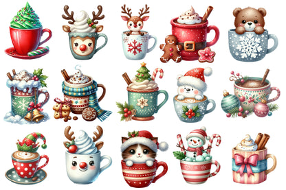 Christmas Coffee Clipart PNG Bundle | Cute Christmas Mugs, Hot Cocoa, Cats, Snowman, Reindeer, Gingerbread, Candy Cane & Holiday Drinks
