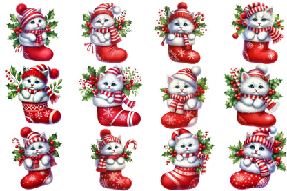 Christmas Cat Stocking Clipart PNG Bundle | Watercolor Christmas Cats, Red Stockings, Santa Hats, Scarf & Holly Berry