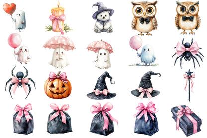 Pastel Halloween Clipart PNG Bundle | Cute Ghosts, Bats, Owl & Halloween Animals