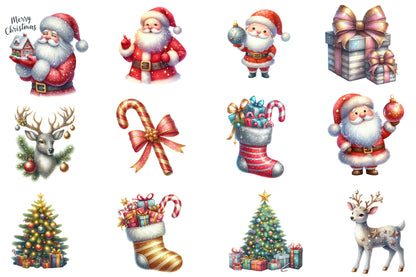 Glittering Christmas Watercolor Clipart PNG Bundle | Santa Claus Christmas PNG | Glitter Holiday Sublimation
