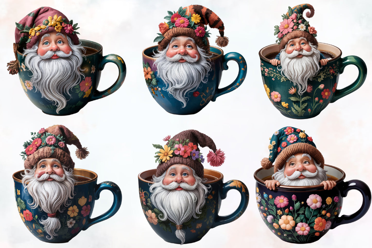 Christmas Coffee Cup Gnome PNG Clipart Bundle | Watercolor Santa Gnome Coffee Mug Designs, Floral Holiday Gnomes