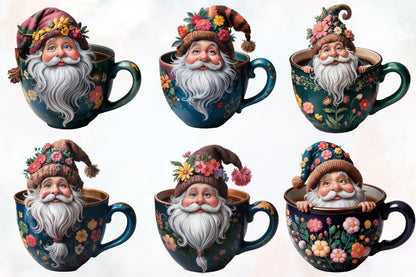 Christmas Coffee Cup Gnome PNG Clipart Bundle | Watercolor Santa Gnome Coffee Mug Designs, Floral Holiday Gnomes