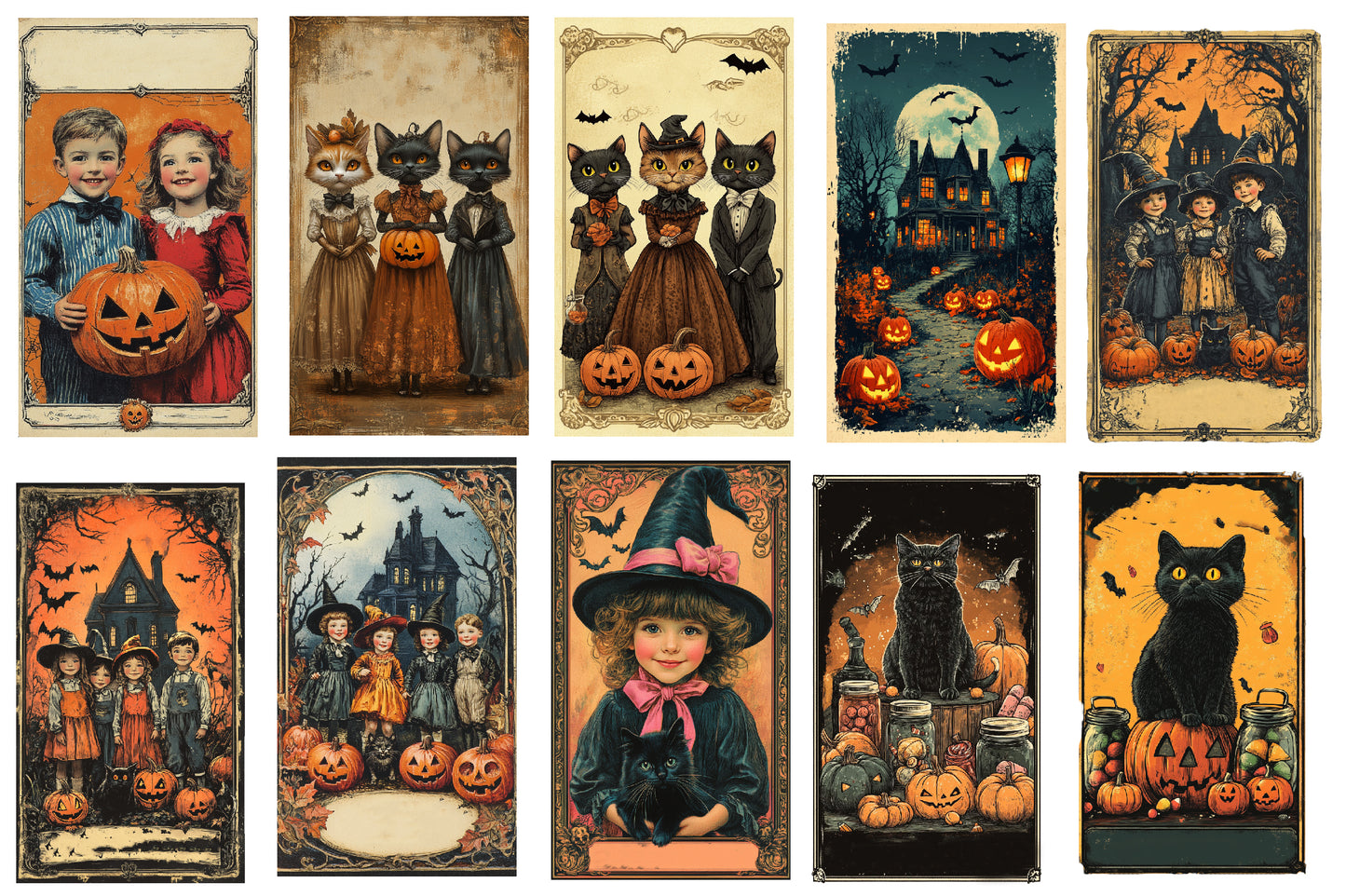 Vintage Halloween Card PNG Sublimation Bundle | Retro Halloween Cards, Pumpkin, Witch, Ghost & Black Cat Clipart