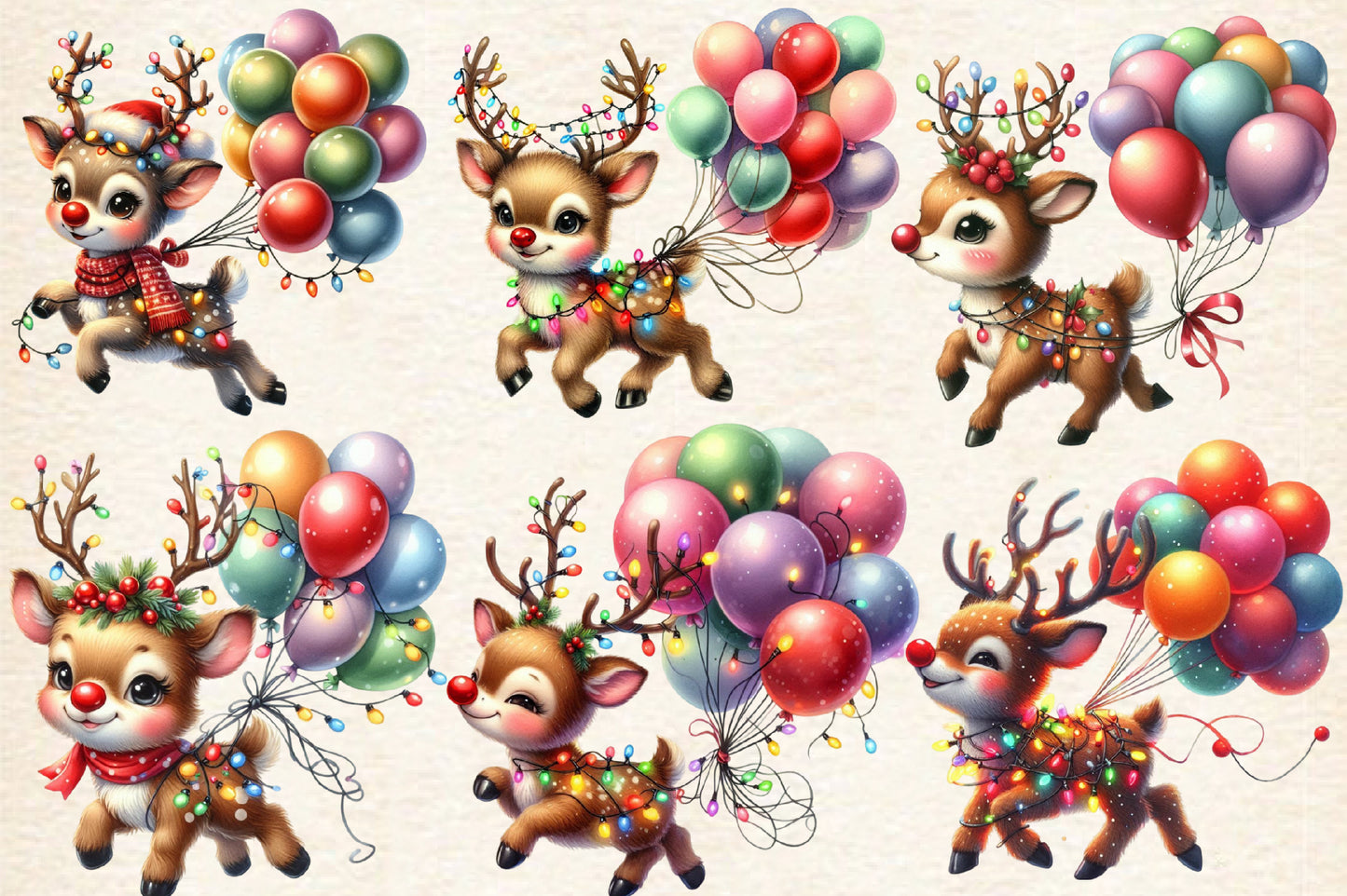 Christmas Baby Reindeer PNG Clipart Bundle | Watercolor Cute Reindeer with Christmas Lights & Balloons