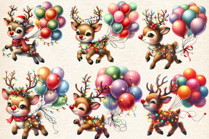 Christmas Baby Reindeer PNG Clipart Bundle | Watercolor Cute Reindeer with Christmas Lights & Balloons