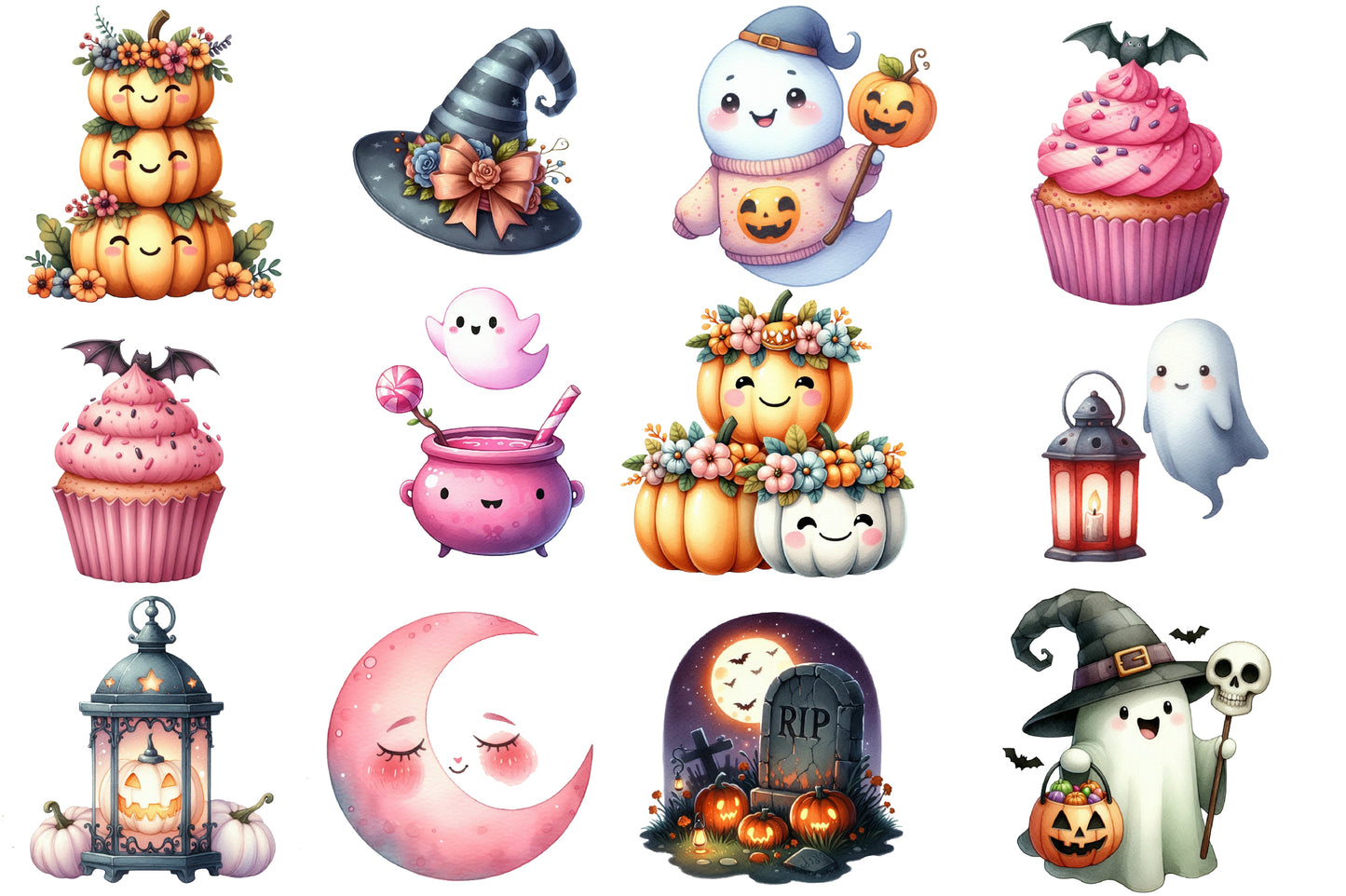 Cute Halloween Watercolor Clipart PNG Bundle | Halloween Clipart, Kawaii Halloween PNG
