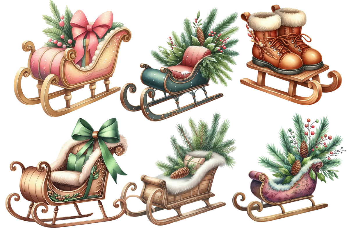 Christmas Sleigh Sublimation Clipart PNG Bundle | Watercolor Santa Sleigh Christmas Clipart | Festive Holiday Sleigh PNG