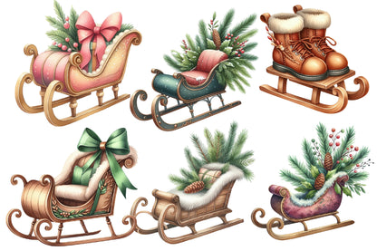 Christmas Sleigh Sublimation Clipart PNG Bundle | Watercolor Santa Sleigh Christmas Clipart | Festive Holiday Sleigh PNG