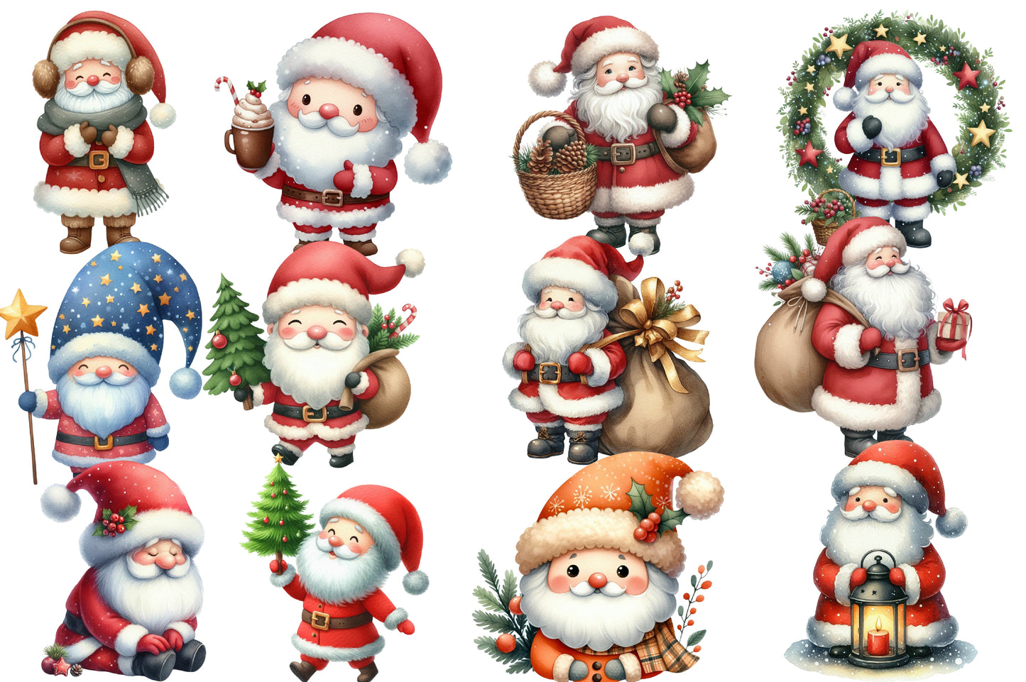 Adorable Santa Clipart PNG Bundle | Cute Watercolor Santa Claus Clipart | Festive Holiday Santa PNG