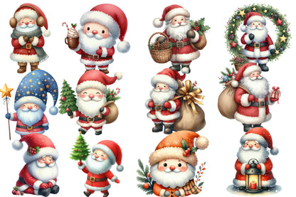 Adorable Santa Clipart PNG Bundle | Cute Watercolor Santa Claus Clipart | Festive Holiday Santa PNG