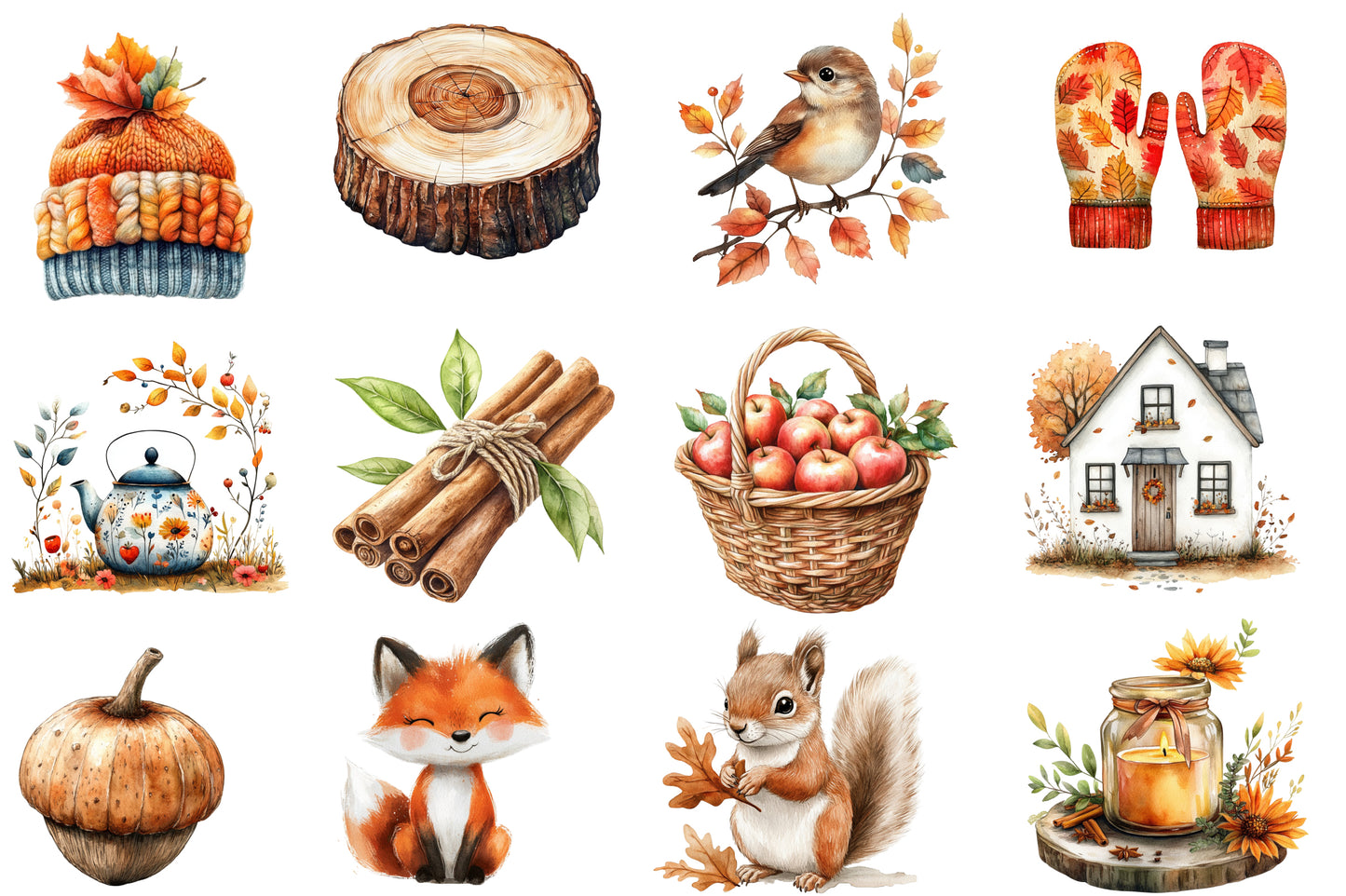 Scandi Autumn Watercolor Clipart PNG Bundle | Scandinavian Fall Clipart | Cozy Autumn Sublimation PNG