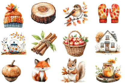 Scandi Autumn Watercolor Clipart PNG Bundle | Scandinavian Fall Clipart | Cozy Autumn Sublimation PNG