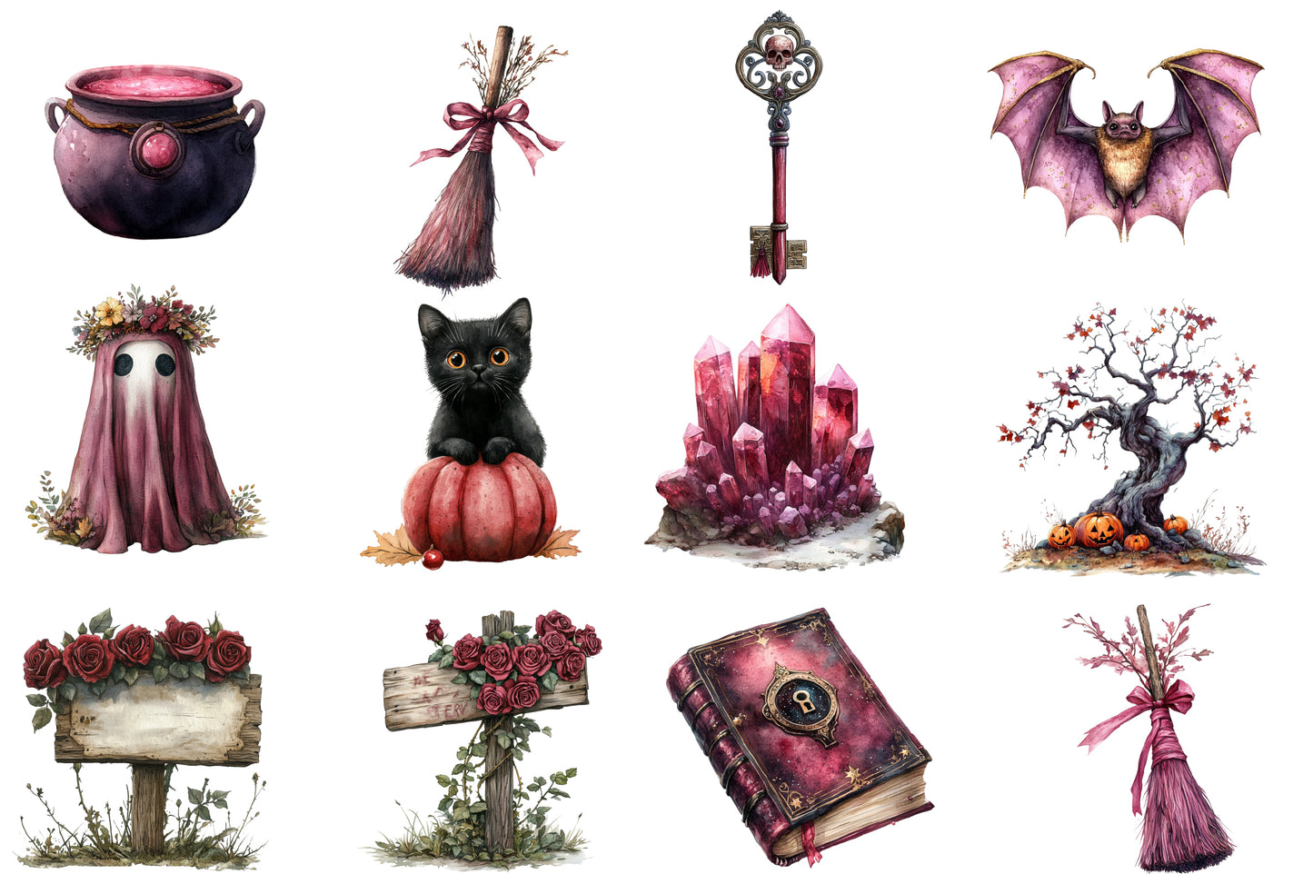 Burgundy Halloween Watercolor Clipart PNG Bundle | Gothic Halloween PNG | Dark Witch Clipart | Halloween Sublimation