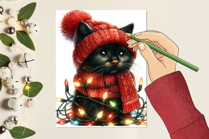 Funny Christmas Cat PNG Bundle Watercolor Black Cat Holiday Clipart
