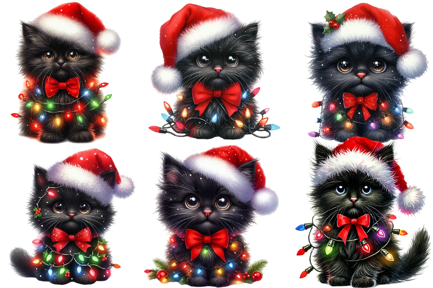Christmas Black Cat Clipart PNG Bundle | Cute Watercolor Black Cat, Santa Hat, Christmas Lights & Festive Kitty Designs