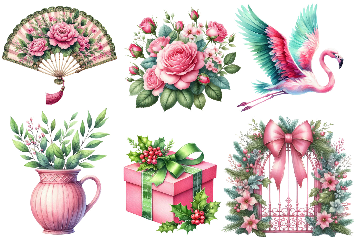 Watercolor Chinoiserie Christmas Clipart PNG Bundle | Elegant Asian Christmas Woman, Ornaments, Gifts & Floral Holiday Designs