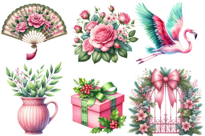 Watercolor Chinoiserie Christmas Clipart PNG Bundle | Elegant Asian Christmas Woman, Ornaments, Gifts & Floral Holiday Designs