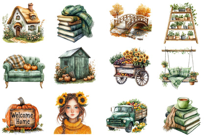 Green Autumn Clipart PNG Bundle | Cozy Fall Cottage Clipart, Autumn Garden PNG