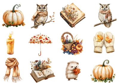 Beige Autumn Clipart PNG Bundle | Neutral Watercolor Fall Botanical Clipart | Cozy Boho Harvest PNG