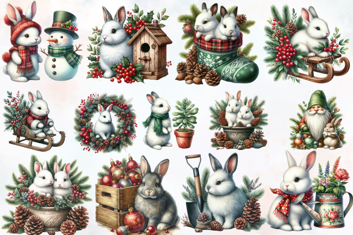 31 Christmas Bunny PNG Clipart Bundle Watercolor Rabbit Winter Garden Holiday