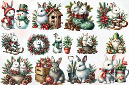 31 Christmas Bunny PNG Clipart Bundle Watercolor Rabbit Winter Garden Holiday