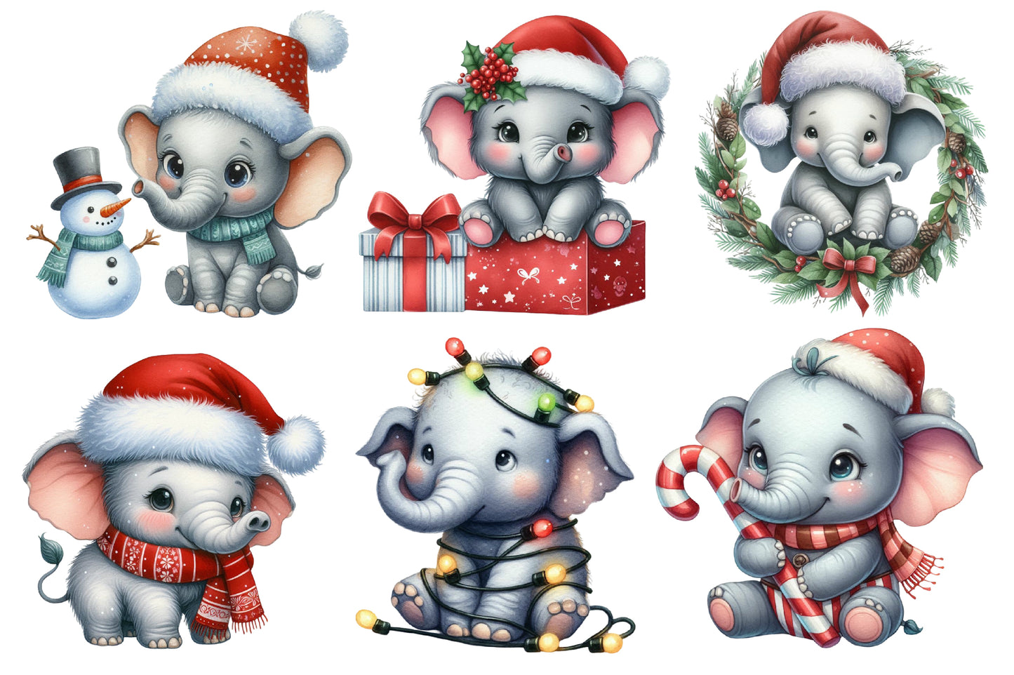 Christmas Baby Elephant Clipart PNG Bundle | Watercolor Cute Baby Elephant Christmas Clipart | Holiday Elephant PNG