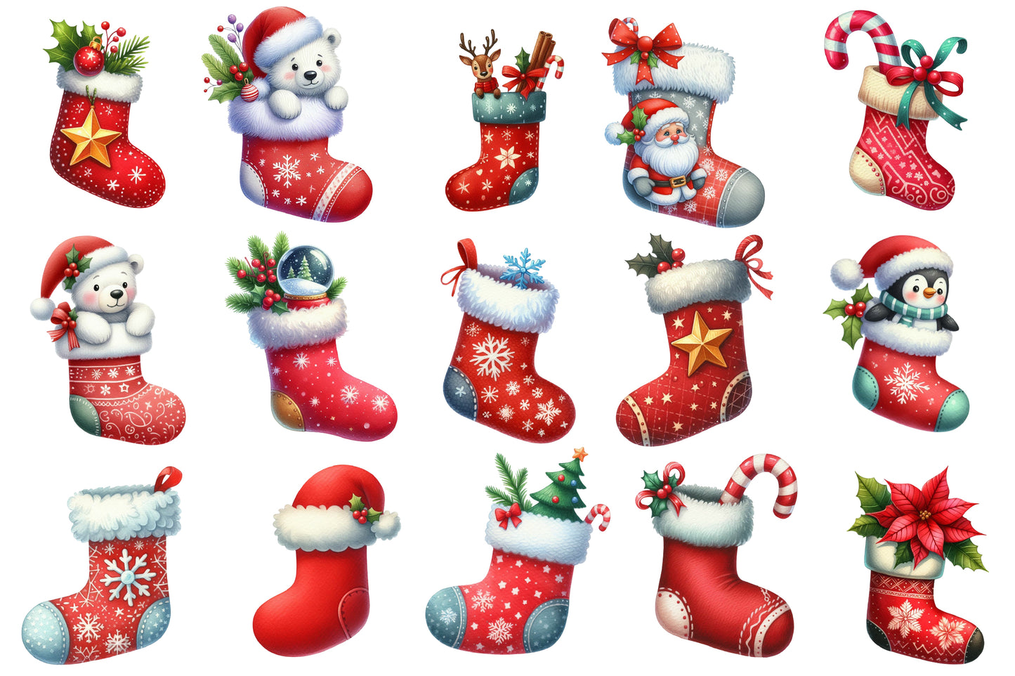 Christmas Stocking Sublimation Clipart PNG Bundle | Watercolor Christmas Stocking Clipart | Festive Holiday Stocking PNG