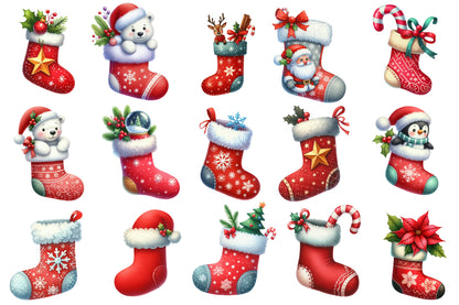 Christmas Stocking Sublimation Clipart PNG Bundle | Watercolor Christmas Stocking Clipart | Festive Holiday Stocking PNG