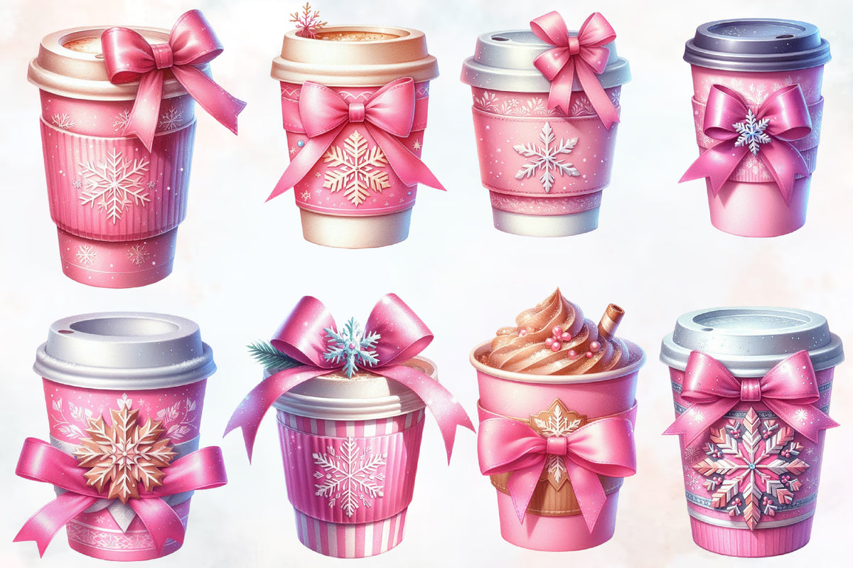 17 Christmas Coffee Cup PNG Clipart Bundle Watercolor Pink Bow Winter Mug