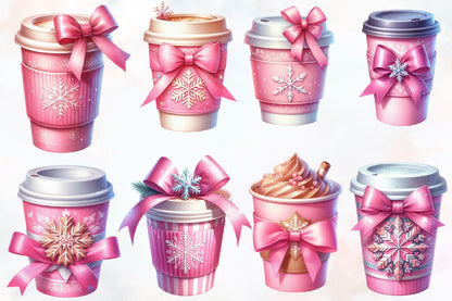 17 Christmas Coffee Cup PNG Clipart Bundle Watercolor Pink Bow Winter Mug