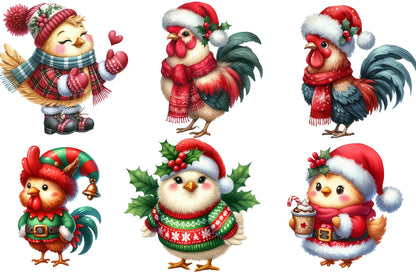 Christmas Rooster Clipart PNG Bundle | Festive Chicken, Santa Rooster, Christmas Sweater, Reindeer & Holiday Farmhouse