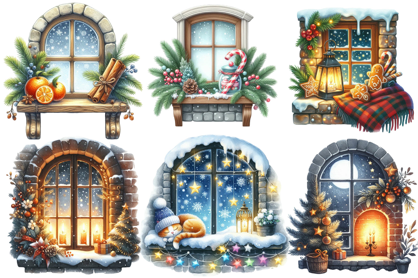 Christmas Cozy Window Clipart PNG Bundle | Watercolor Warm Winter Window Clipart | Festive Holiday Sublimation PNG