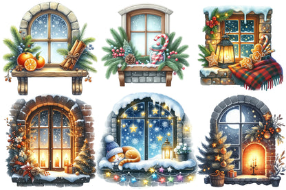 Christmas Cozy Window Clipart PNG Bundle | Watercolor Warm Winter Window Clipart | Festive Holiday Sublimation PNG