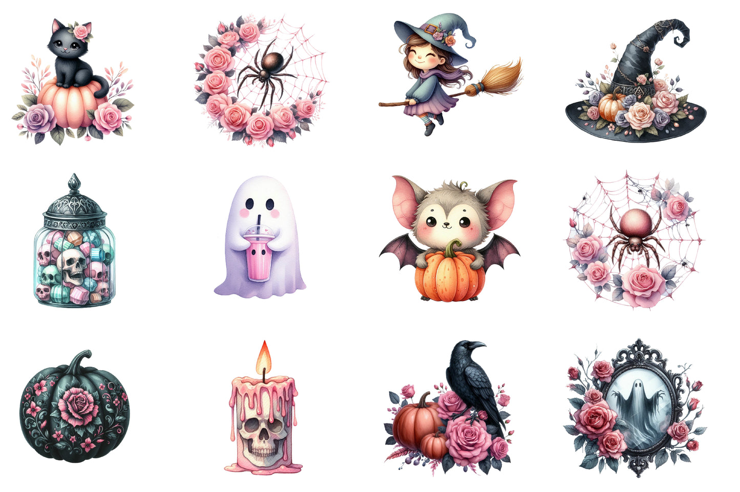 Pastel Goth Halloween Clipart PNG Bundle | Gothic Halloween Watercolor Clipart | Pink Halloween Sublimation PNG