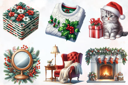 Watercolor Cozy Christmas Time Clipart PNG Bundle | Winter Holiday Home, Sweaters, Fireplace & Cozy Christmas Designs