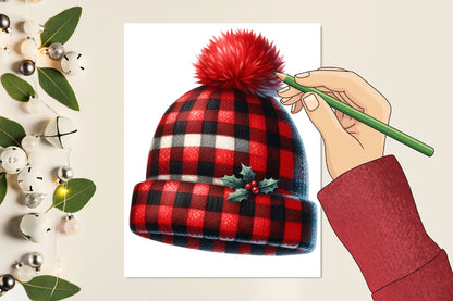 22 Watercolor Christmas Gingham Hat PNG Buffalo Plaid Winter Clipart