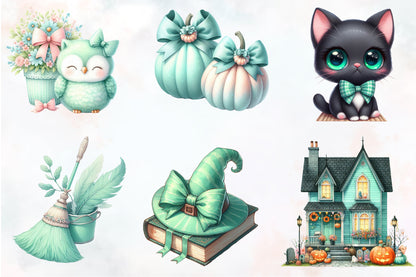Halloween Pastel Mint PNG Bundle 20 Cute Watercolor Clipart