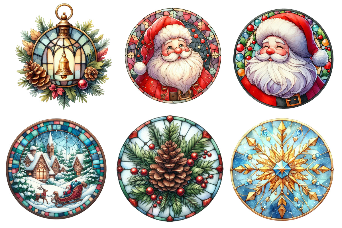 Christmas Round Stained Glass Clipart PNG Bundle | Watercolor Stained Glass Christmas Clipart | Round Holiday Sublimation PNG