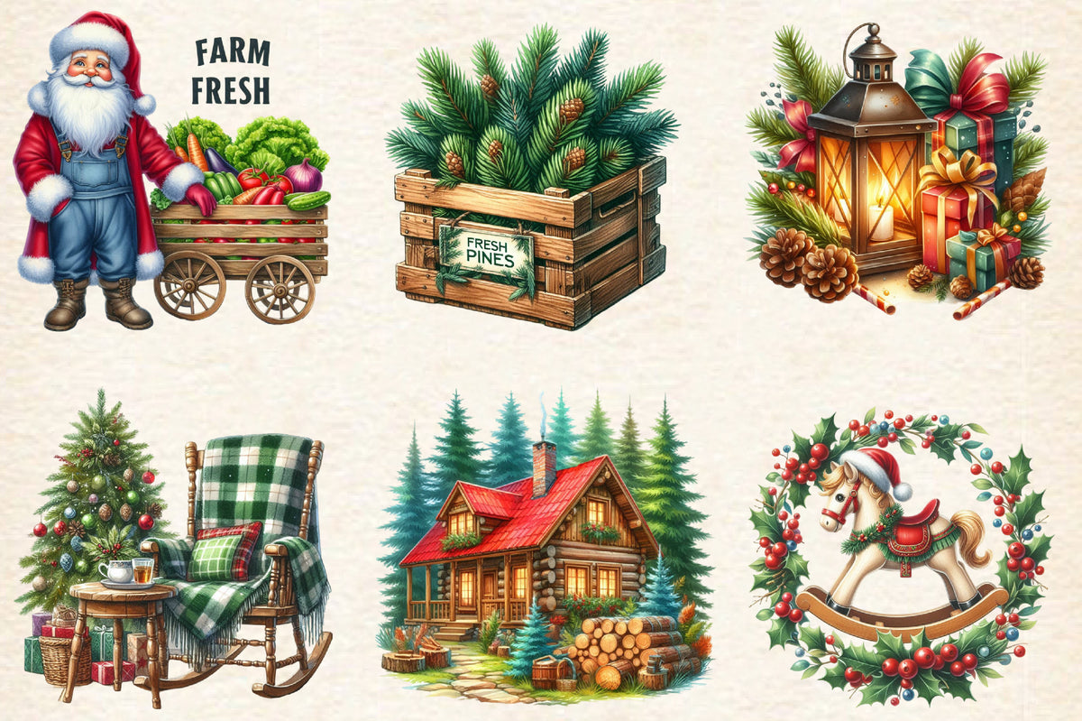 Watercolor Warm Rustic Christmas PNG Bundle 18 Holiday Clipart