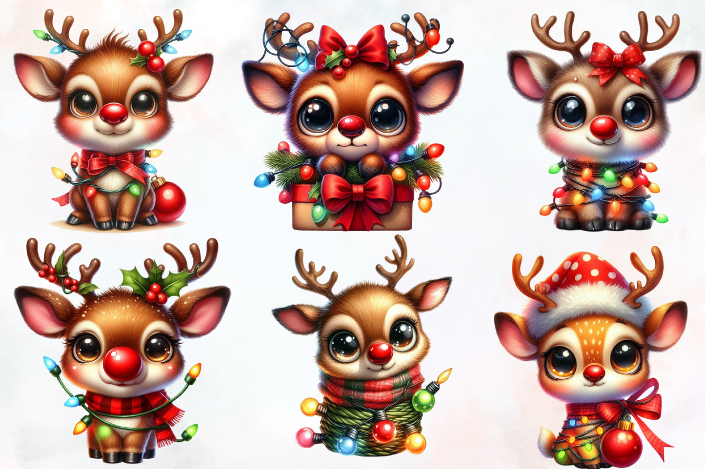 Christmas Funny Reindeer PNG Clipart Bundle | Watercolor Cute Reindeer, Christmas Lights, Red Nose & Holiday Deer Designs