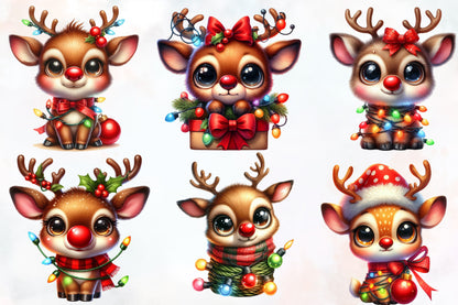 Christmas Funny Reindeer PNG Clipart Bundle | Watercolor Cute Reindeer, Christmas Lights, Red Nose & Holiday Deer Designs